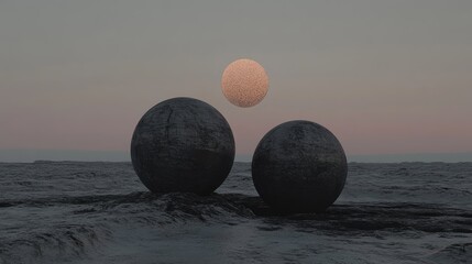 Poster - Abstract Landscape with Two Spheres and Shimmering Sunlight