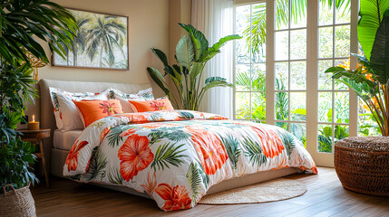 Poster - A stylish bedroom showcasing vibrant floral bedding and lush indoor plants, illuminated by natural light from the large windows