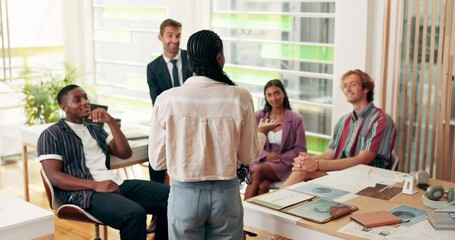 Aufkleber - Scholarship, students and professor in office for discussion on college exam schedule. Education, university and back of woman with lecturer and group of people for studying tips with test questions.