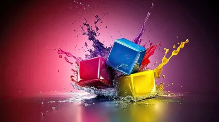 Poster - Colorful Splash of Cubes in Vibrant Liquid Explosion