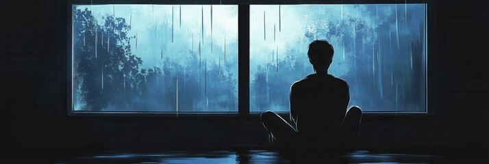 Aufkleber - Lonely person reflects by a rainy window with moody blues and grays in a quiet moment of solitude