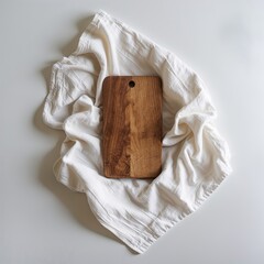 Poster - wooden cutting board resting on a wrinkled white cloth in a minimalist kitchen setting during daylig