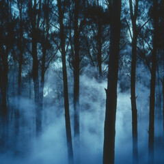 Wall Mural - Misty forest landscape with tall trees silhouetted against a moody twilight sky, creating a mysterious and serene atmosphere.