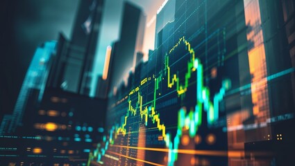 Poster - Financial trends visualized through digital charts and glowing data on a city skyline at dusk