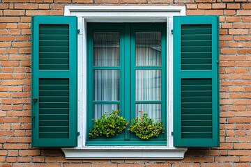 Poster - A charming green window with flower boxes opens to a rustic brick wall in a quaint neighborhood during daylight hours