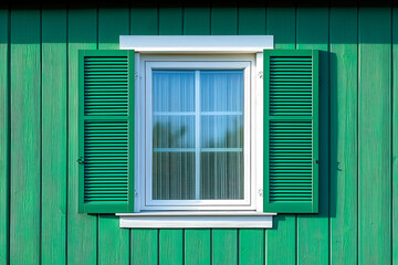 Poster - A vibrant green wooden house showcases a charming window with white shutters and lace curtains during a sunny afternoon