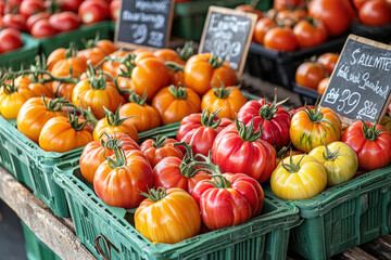 Poster - A colorful arrangement of heirloom tomatoes fills market baskets, highlighting the variety of shapes and hues available during summer