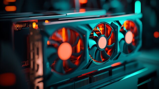Close-up view of a high-performance graphics card with vibrant lighting in a tech setup