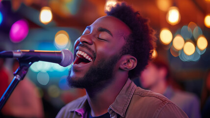 Poster - This crowd gathers as a performer joyfully sings into a microphone during an exciting karaoke session.