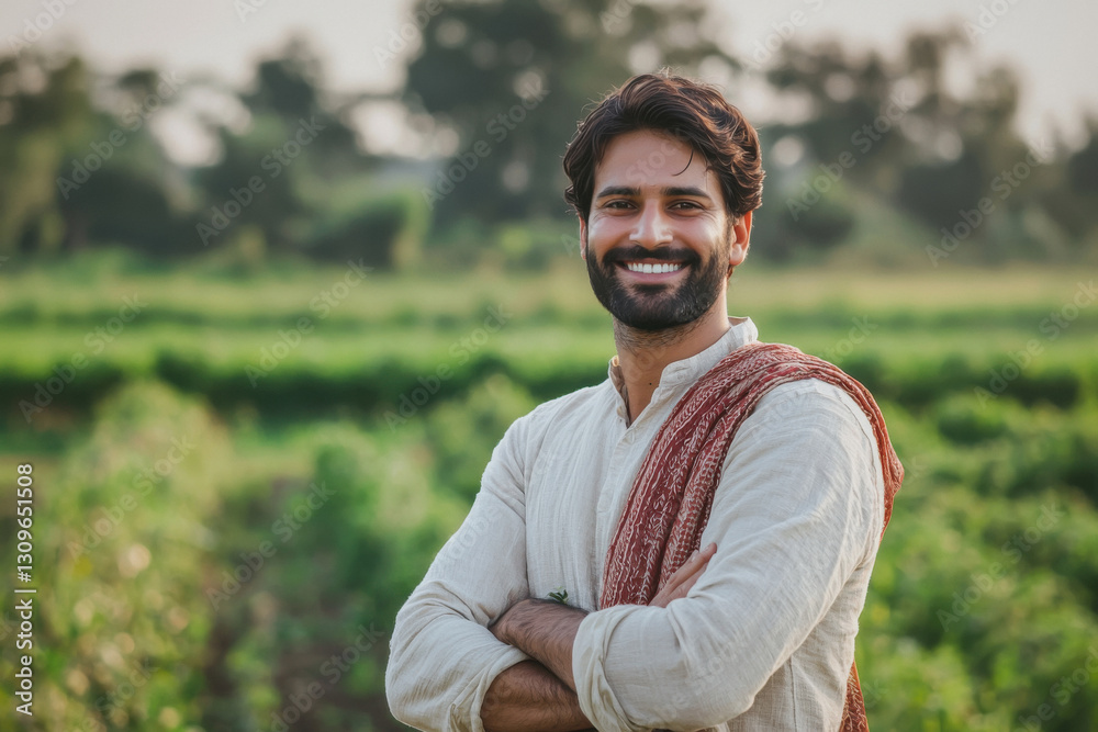 happy indian farmer standing at green field Stock Photo | Adobe Stock