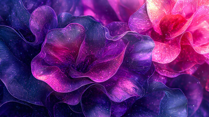 Poster - Vibrant close-up of abstract flowers in shades of purple and pink with swirling textures and glowing elements