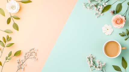 Poster - Coffee cup surrounded by lush flowers and greenery on a pastel background, creating a serene and inviting atmosphere