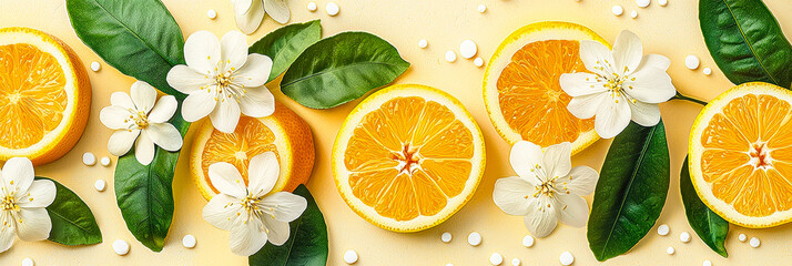 Aufkleber - Bright orange slices are artfully arranged with white blooms and green leaves, creating a fresh and vibrant composition
