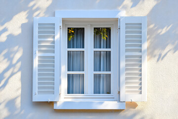 Poster - Sunlight streams through a white window with shutters, illuminating the room inside while creating delicate shadows on the wall