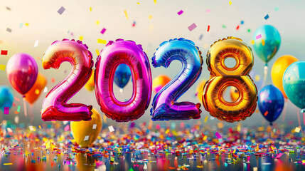 Poster - Bright balloons and confetti fill the air as people celebrate the arrival of 2028 with joy and excitement during a lively gathering