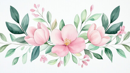 Aufkleber - Delicate pink flowers with green leaves are beautifully arranged, creating a fresh, natural look suitable for decor