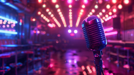 Poster - This Excitement fills the air as a microphone stands ready for performers in a colorful karaoke venue.