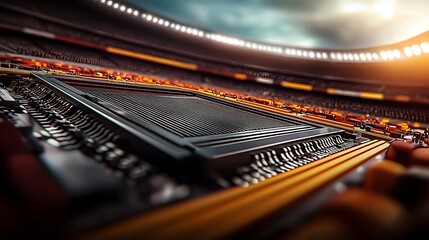 Poster - Close-up view of a microchip in a stadium setting with a vibrant crowd and dramatic lighting