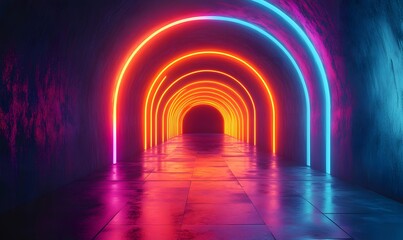 Poster - Futuristic glowing neon tunnel with vibrant colors and reflective floor