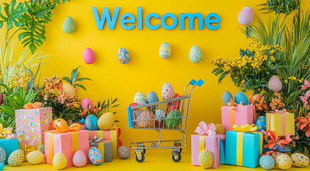 Poster - Colorful Easter celebration setup with decorations, gifts, and a shopping cart filled with eggs in a bright atmosphere