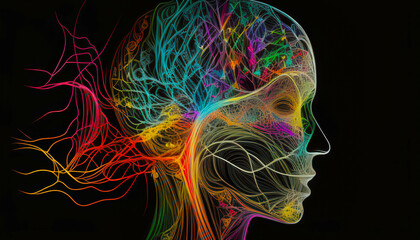Poster - Abstract representation of human brain intertwined with colorful neural pathways showcasing creativity and thought