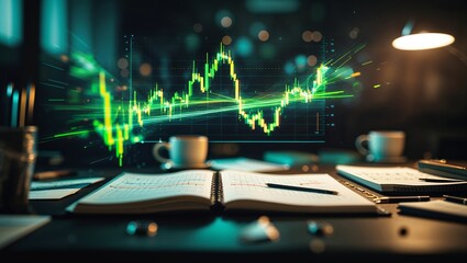 Poster - Financial data analysis in a dimly lit workspace with charts and notes