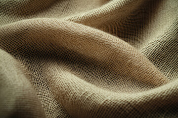 Poster - Close-up view of textured burlap fabric, showcasing its natural, woven fibers and soft folds.