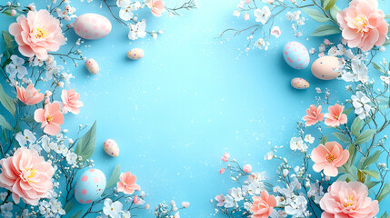 Poster - Beautiful pastel flowers and decorated eggs create a festive atmosphere for spring celebrations in bright blue ambiance
