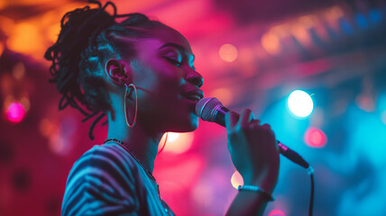 Poster - This vibrant karaoke night features a singer captivating the audience with her performance.