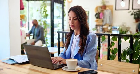 Poster - Business woman, laptop and thinking with coffee at cafe for company analytics, performance or update. Female person, freelancer or analyst with computer or paperwork for statistics at restaurant
