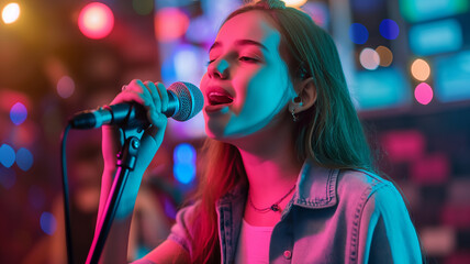 Poster - This young girl passionately sings into a microphone at a lively karaoke night.