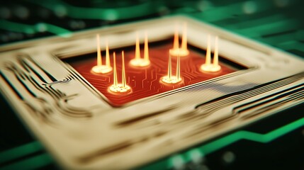 Poster - Close-up view of a microprocessor with glowing pins on a circuit board, showcasing technology in action