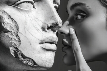 Poster - A woman poses closely to a stone statue, her finger resting on her lips while gazing at the statue with a contemplative expression, creating a striking contrast