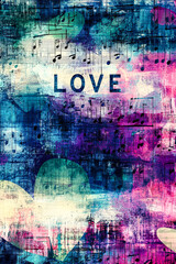 Aufkleber - A vibrant abstract composition with a mix of colors, music notes, and the word love prominently displayed, creating a harmonious and artistic feel