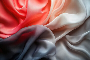 Poster - Close-up of ombre silk fabric in shades of coral, grey, and white, showcasing its soft texture and flowing drape.