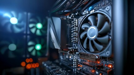 Poster - Close-up view of a modern computer cooling fan inside a high-performance gaming setup with glowing lights
