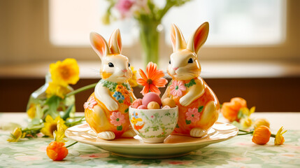 Poster - Decorative ceramic rabbits seated at a table with flowers and a bowl of colorful eggs during springtime
