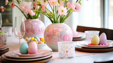 Poster - Beautifully arranged table setting with spring flowers and colorful Easter decorations