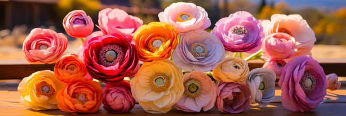 Poster - Vibrant bouquet of ranunculus flowers in assorted colors arranged on a wooden surface in bright daylight