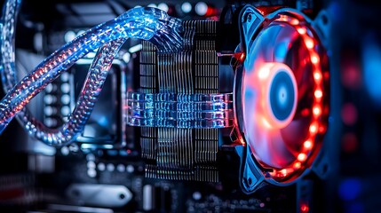 Poster - Close-up view of a modern computer cooling system with colorful LED lights and intricate wiring