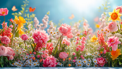 Poster - Vibrant garden blooms under bright sky showcasing colorful flowers in full bloom during sunny spring day