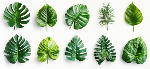 Poster - Collection of Various Green Tropical Leaves Arranged in a Stylish Manner on a Light Background for Interior Design and Natural Aesthetics