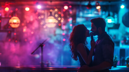 Poster - This Couple shares an intimate moment while singing karaoke in a lively bar filled with colorful lights.