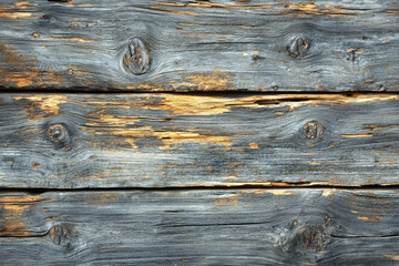 Leinwandbilder - Weathered gray and yellow wood planks with knots, showing age and texture.