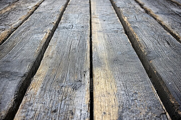 Poster - Aged weathered wooden planks, showing texture and grain, perspective view.