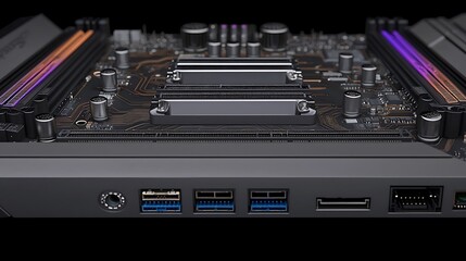Poster - Close-up view of a modern computer motherboard showcasing ports, connectors, and circuitry details