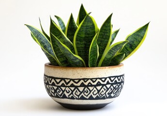 Poster - Decorative indoor pot with vibrant green snake plant, showcasing intricate tribal patterns on a handmade ceramic planter with natural earthy tones