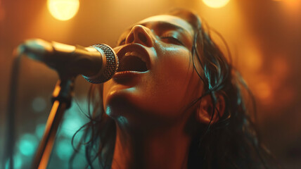 Poster - This dynamic performer sings passionately into a microphone at a lively karaoke event during the night.