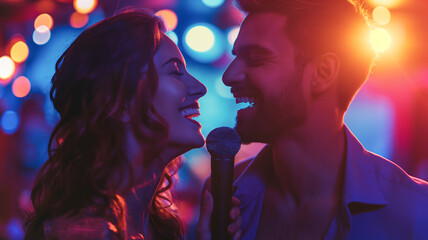Poster - This Two friends share a joyful moment singing karaoke at a lively party, surrounded by colorful lights.