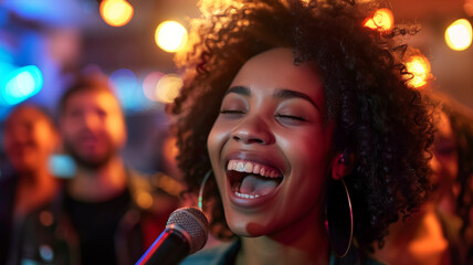 Poster - This Friends cheer on a performer singing passionately during a fun karaoke night.